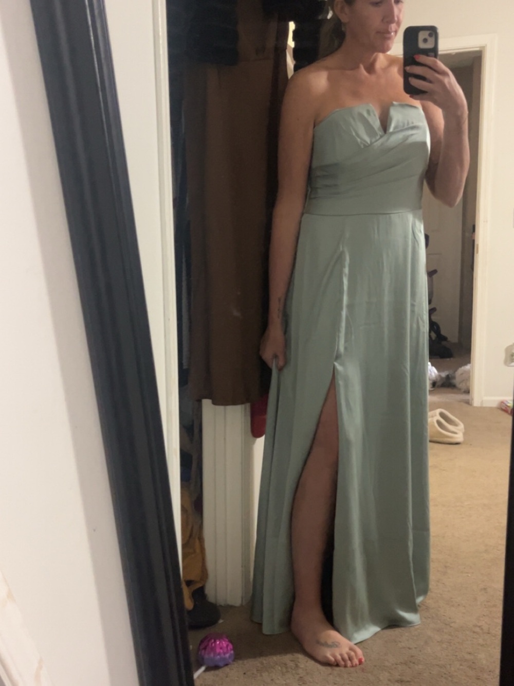 David's Bridal Strapless Sage Green Formal Gown with Front Slit